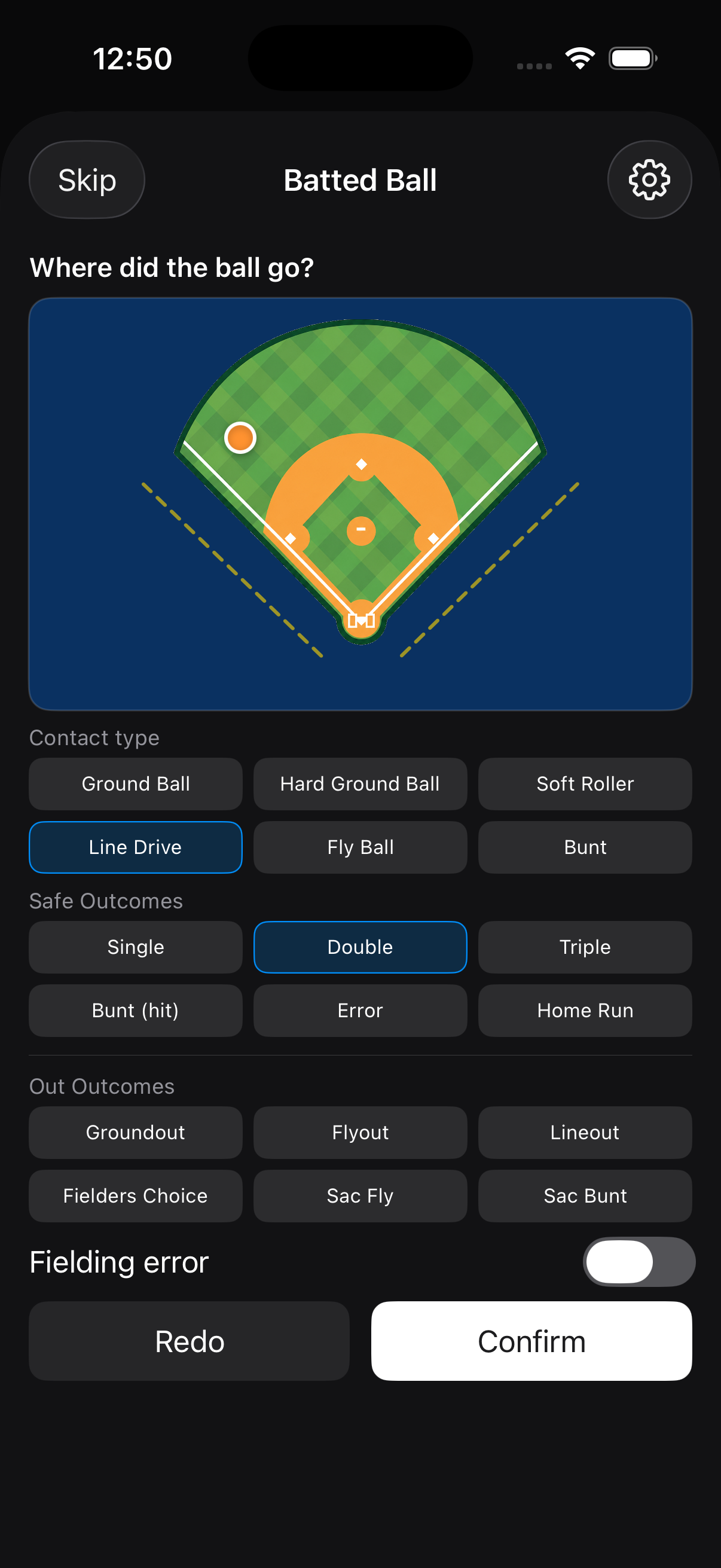 Where did the ball go — hit location field diagram in DiamondKing