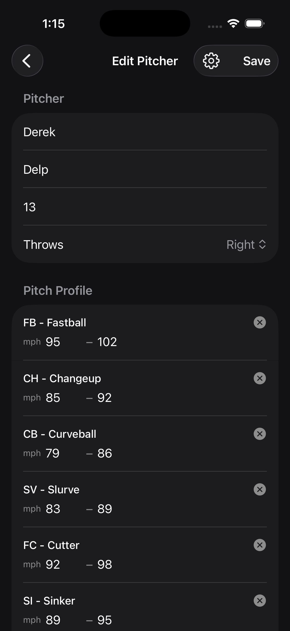 Pitcher profile in DiamondKing showing pitch arsenal and velocity ranges